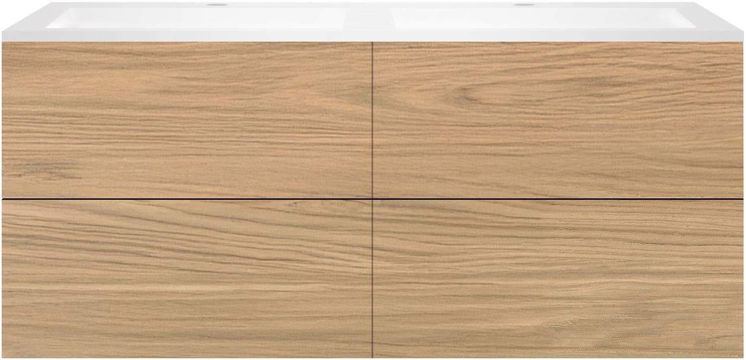 SOUS MEUBLE COFFEE 4 TIROIRS 140 DUO CHENE CLASSIQUE +DOUBLE LAVABO EN MARBRE SYNTHETIQUE BLANC MAT