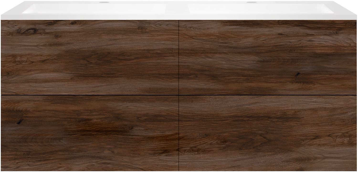 SOUS MEUBLE COFFEE 4 TIROIRS 140 DUO NOYER VELOURS +DOUBLE LAVABO EN MARBRE SYNTHETIQUE BLANC MAT
