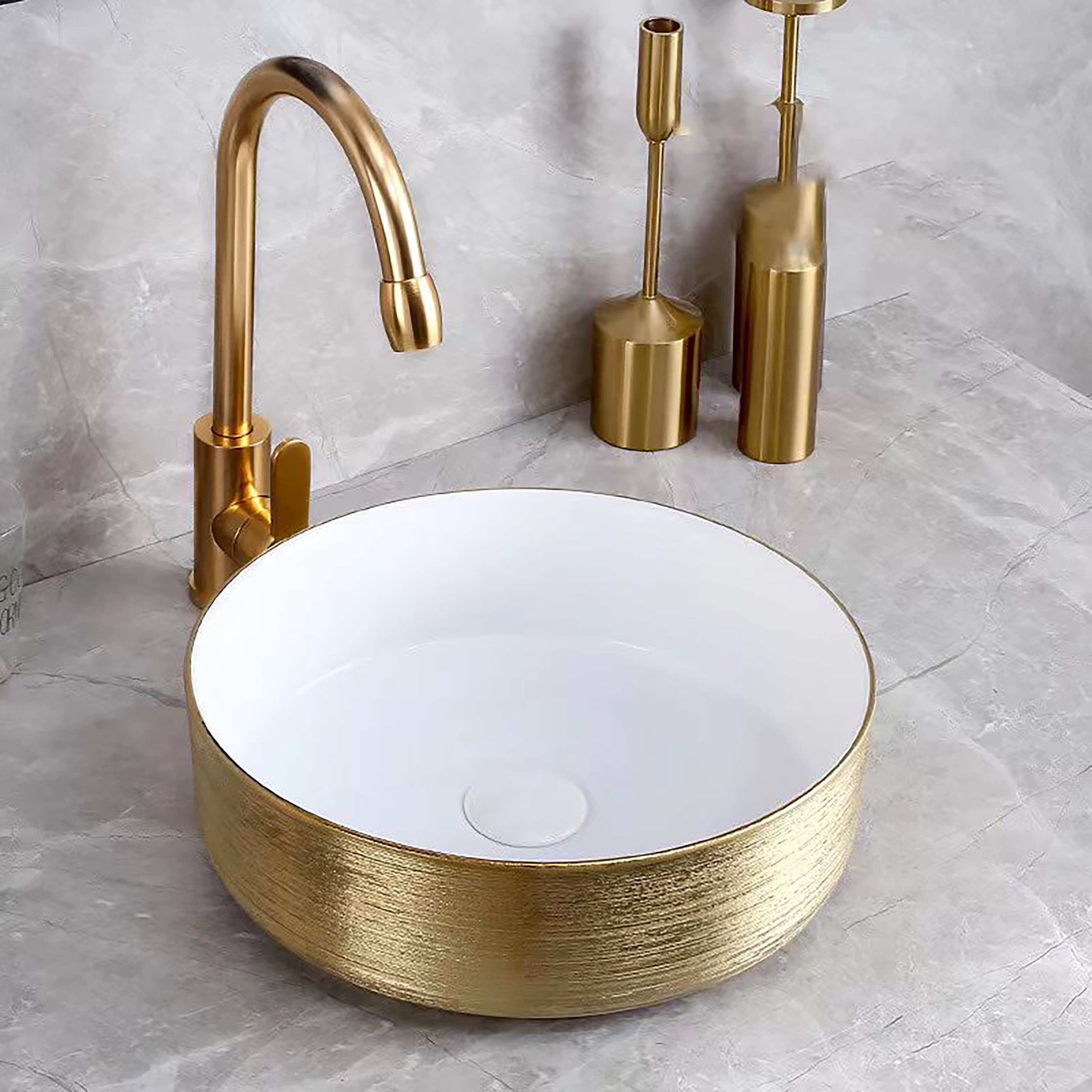 ALONI turo lavabo avec relief - à poser – sans trop-plein – sans trou de robinet – céramique – 36X12X36 cm – or/blanc brillant
