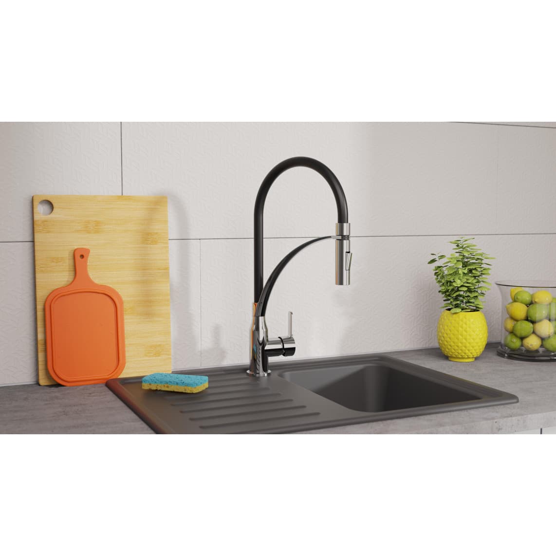 NI183CARCRB CARNEO Keukenkraan, chroom/zwart, met soft-touch slang