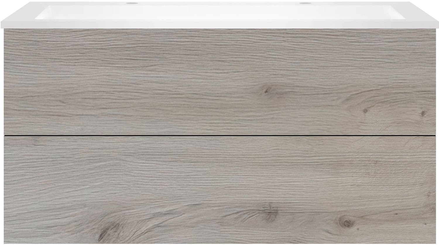 SOUS MEUBLE COFFEE 2 TIROIRS 120 CHENE ARGENT + LAVABO 2 TROUS ROBINET EN MARBRE SYNTHETIQUE BLANC