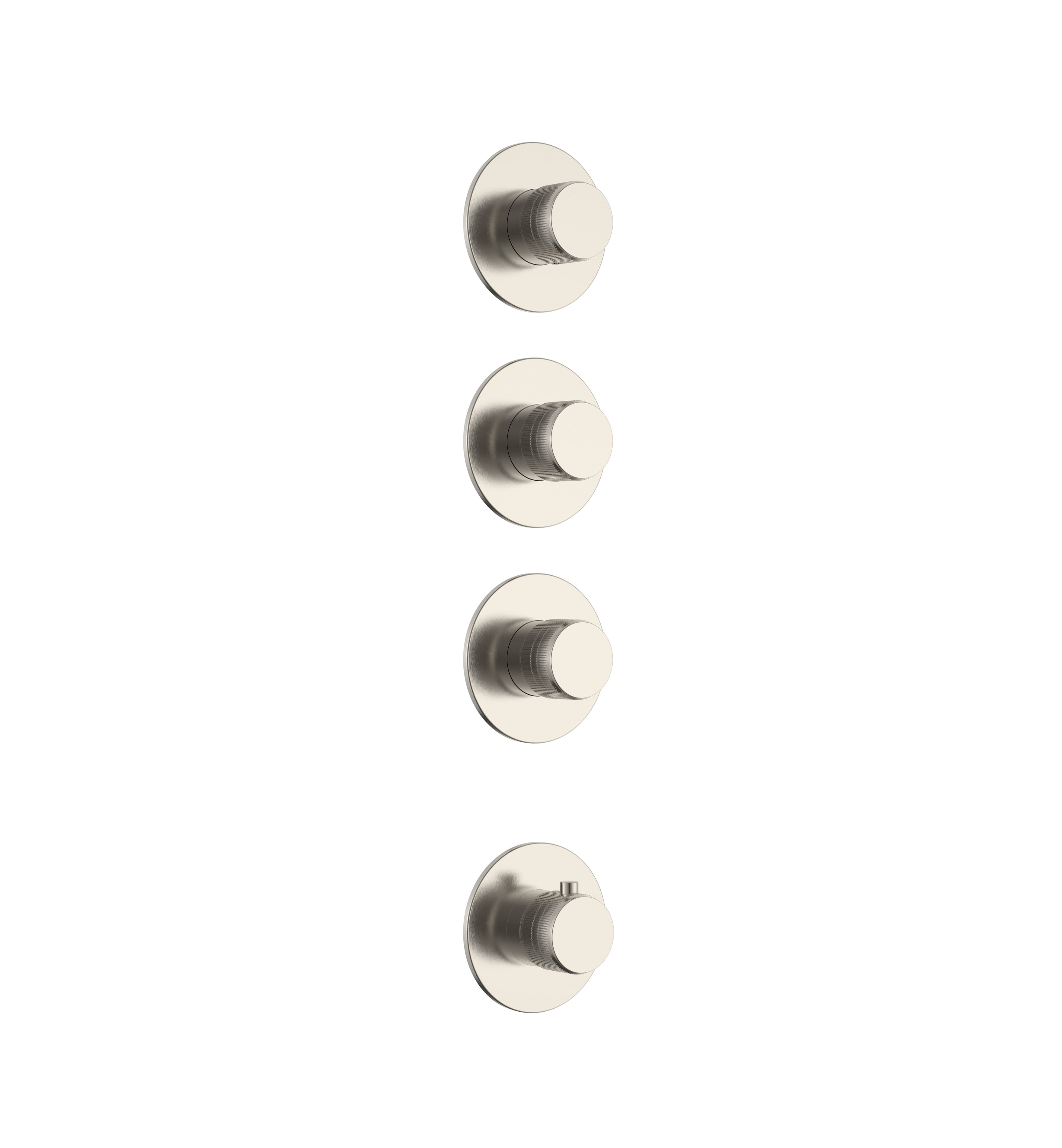 STRIA ÉLÉMENT DE FINITION POUR MITIGEUR DE DOUCHE – 3 VOIES AVEC 3 ROBINETS D’ARRÊT – THERMOSTATIQUE – ENCASTRÉ – RONDE – BOUTONS S AVEC STRUCTURE STRIÉE RAFFINÉE – ACIER INOX BROSSÉ
