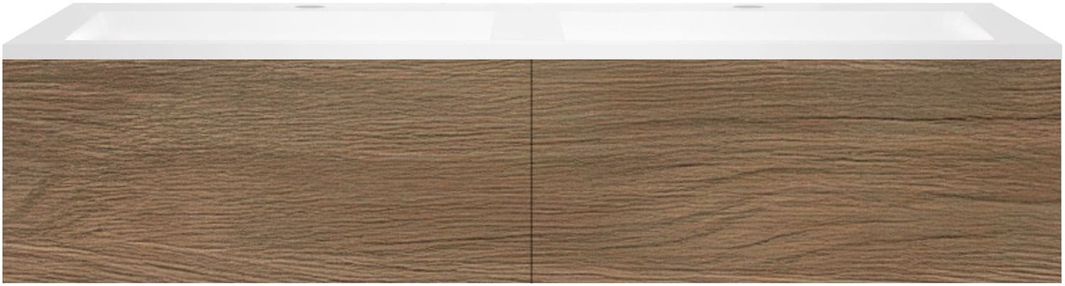 SOUS MEUBLE COFFEE 2 TIROIRS 140 CHENE CARAMELLE +DOUBLE LAVABO EN MARBRE SYNTHETIQUE BLANC