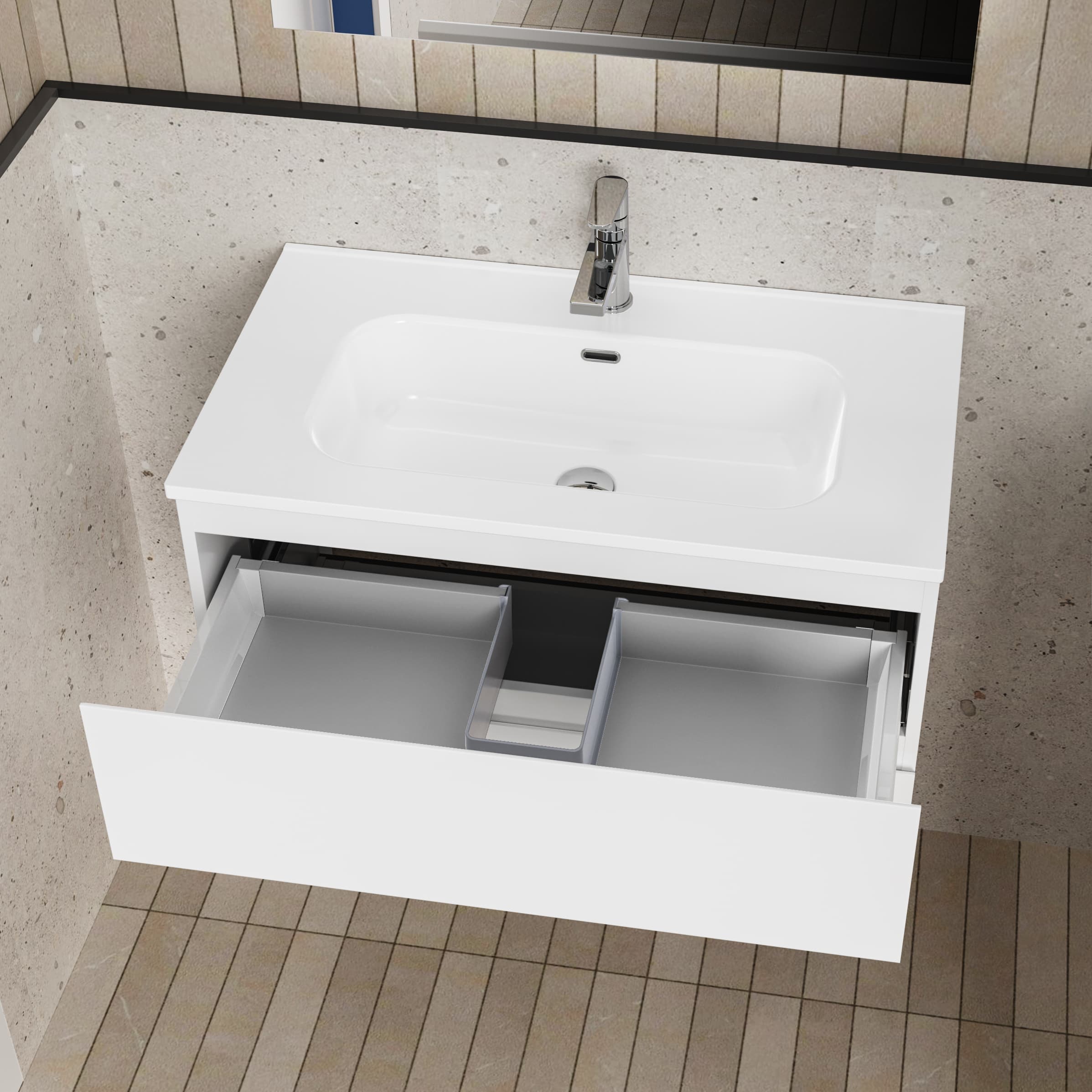 ALONI liva ensemble de Meuble de salle de bain complet – avec Meuble sous-vasque – avec Vasque – avec miroir Led – 80 cm – blanc brillant