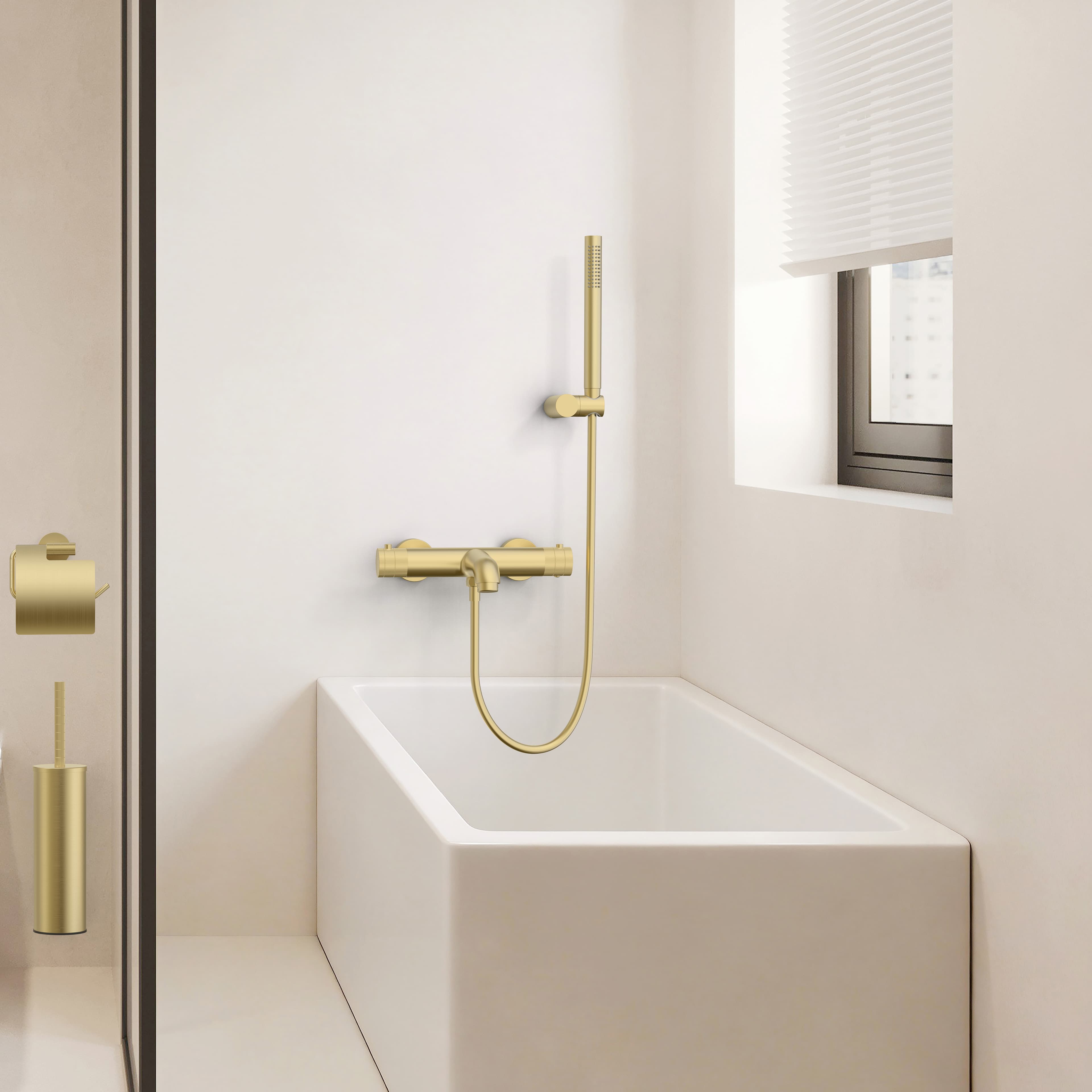 STRIA thermostatic bath mixer – wall‑mount – buttons with striated finish – BELGAQUA – gold brushed (PVD)