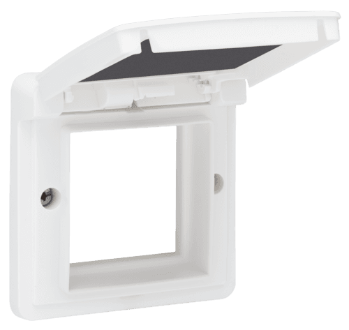 Cadre d’adaptation avec clapet pour fonctions 45 x 45 mm dans des boîtes de montage étanches, couleur blanc
