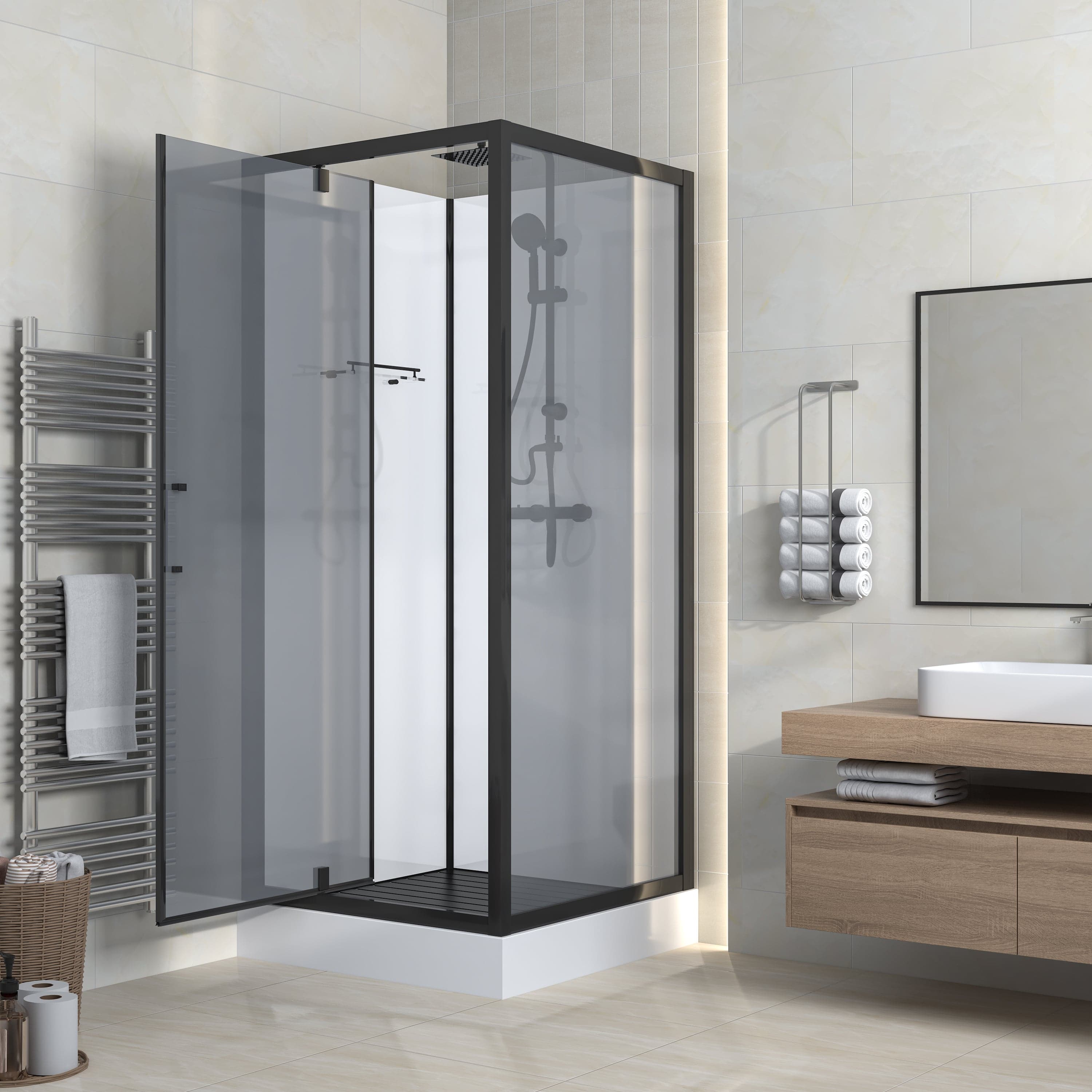 Marani cabine de douche complète avec porte pivotante - réversible - 90X225X90 cm - Noir mat - verre fumé Gris