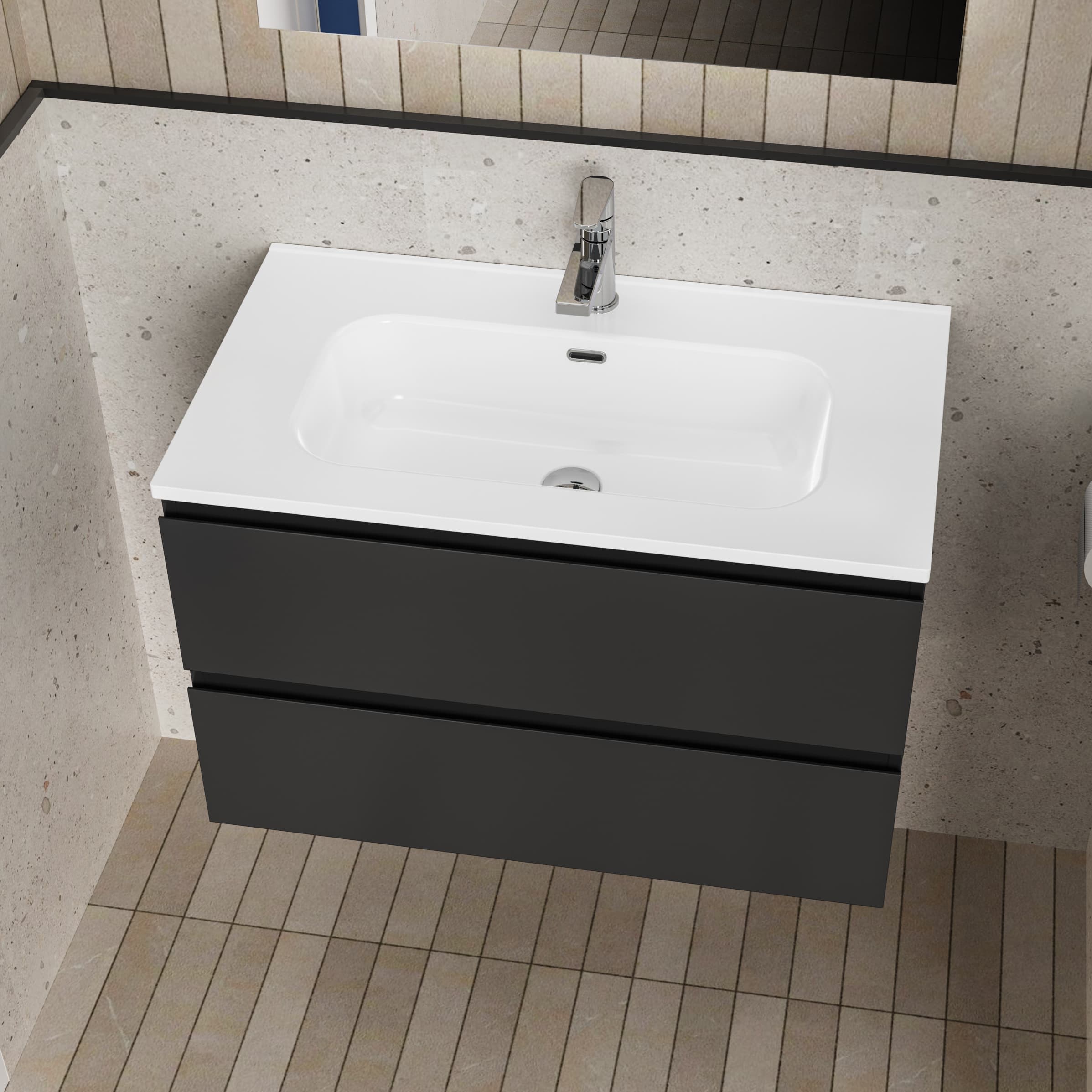 ALONI liva ensemble de meuble de salle de bain complet – avec meuble sous-vasque – avec vasque – avec miroir Led – 80 cm – Noir mat