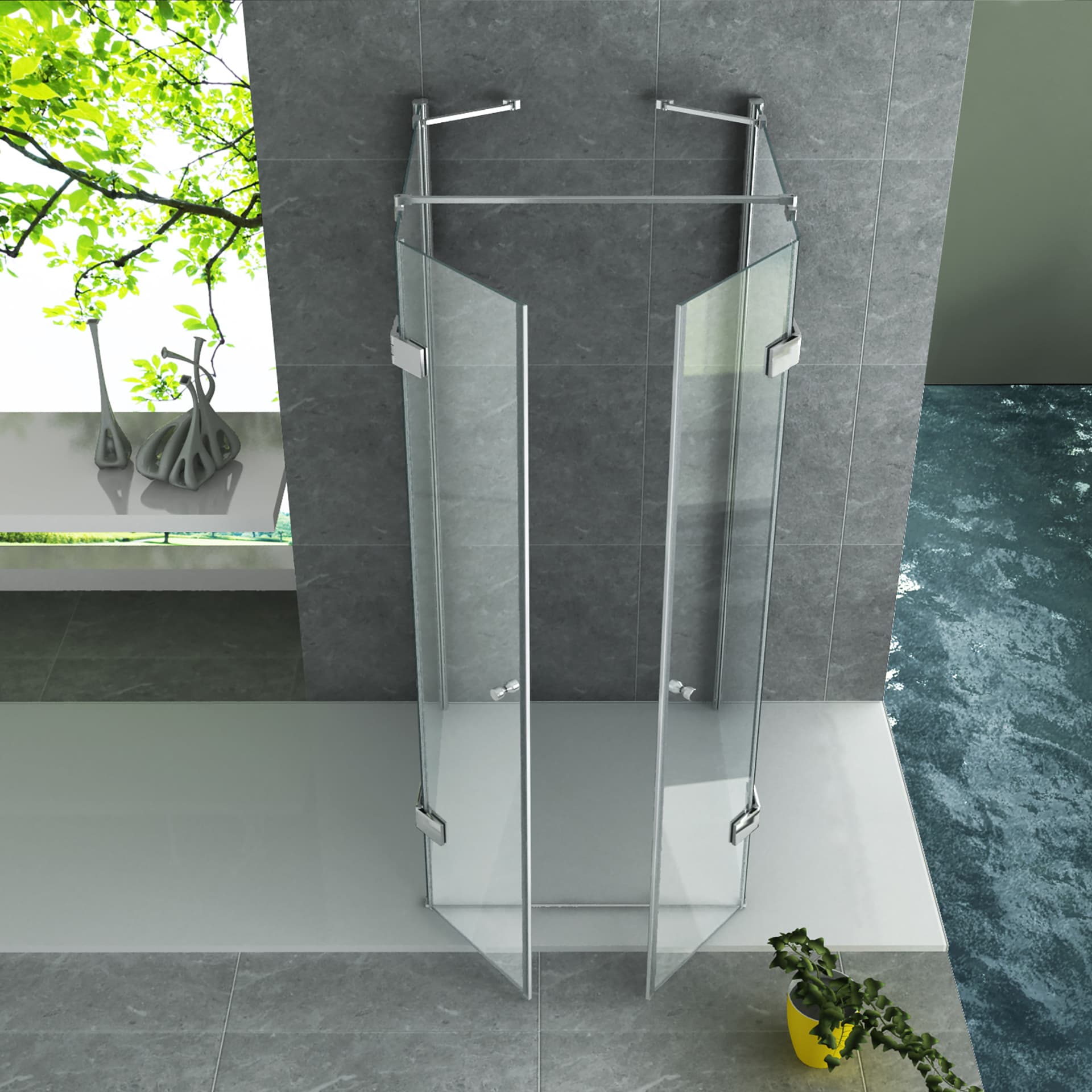 ALONI cabine de douche u - 2 portes pivotantes et 2 parois latérales - 900 X 900 X1950 mm - chrome - verre clair