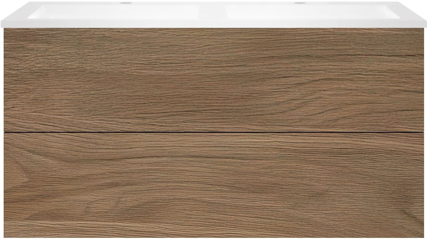 SOUS MEUBLE COFFEE 2 TIROIR 120 DUO CHENE CARAMELLE + LAVABO DOUBLE EN MARBRE SYNTHETIQUE BLANC