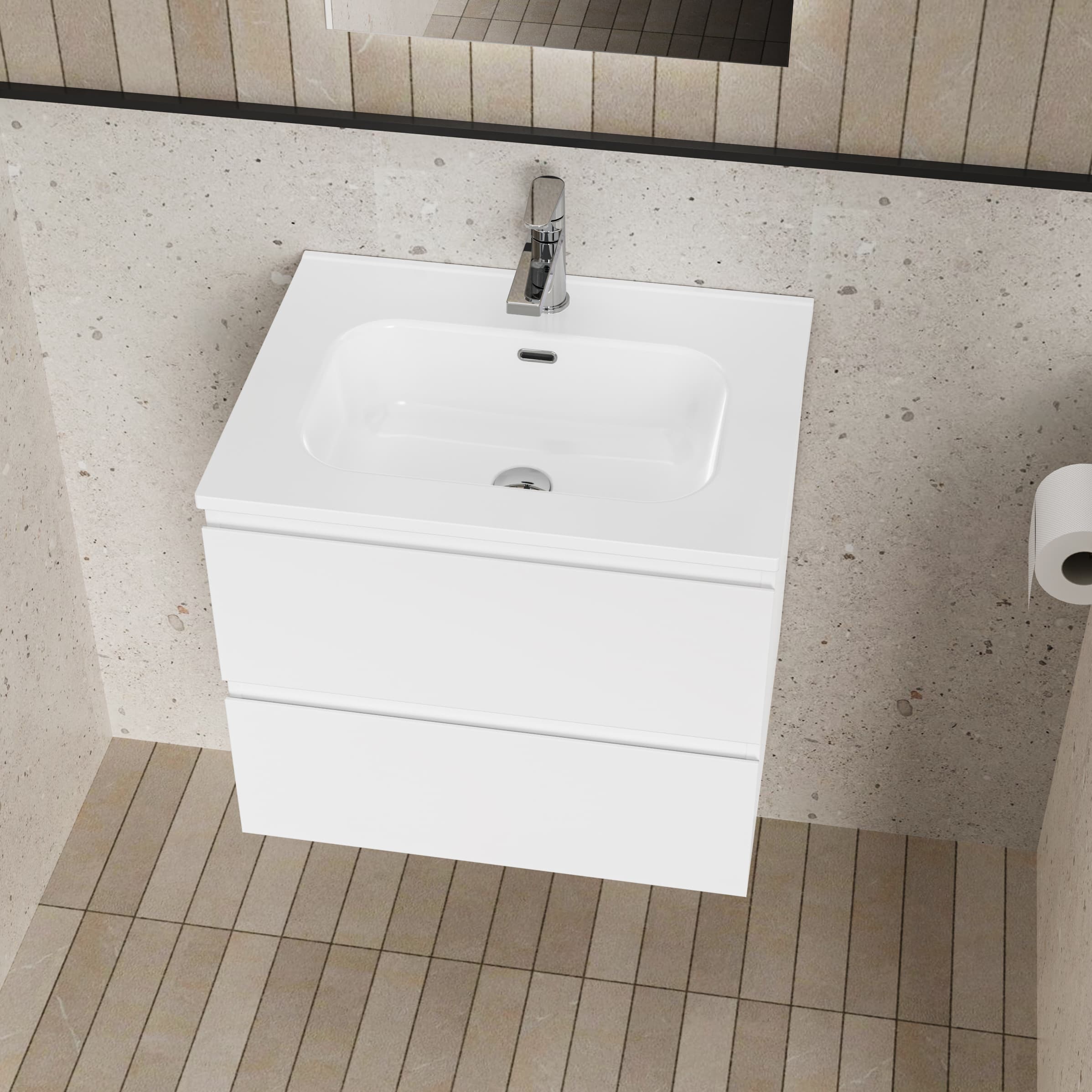 ALONI liva ensemble de Meuble de salle de bain complet – avec Meuble sous-vasque – avec Vasque – avec miroir Led – 60 cm – blanc brillant