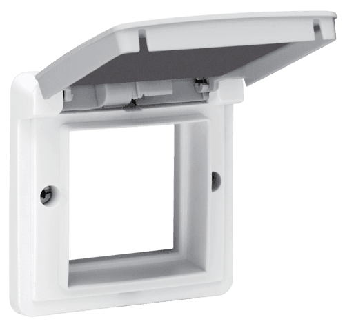 Cadre d’adaptation avec clapet pour fonctions 45 x 45 mm dans des boîtes de montage étanches, couleur gris