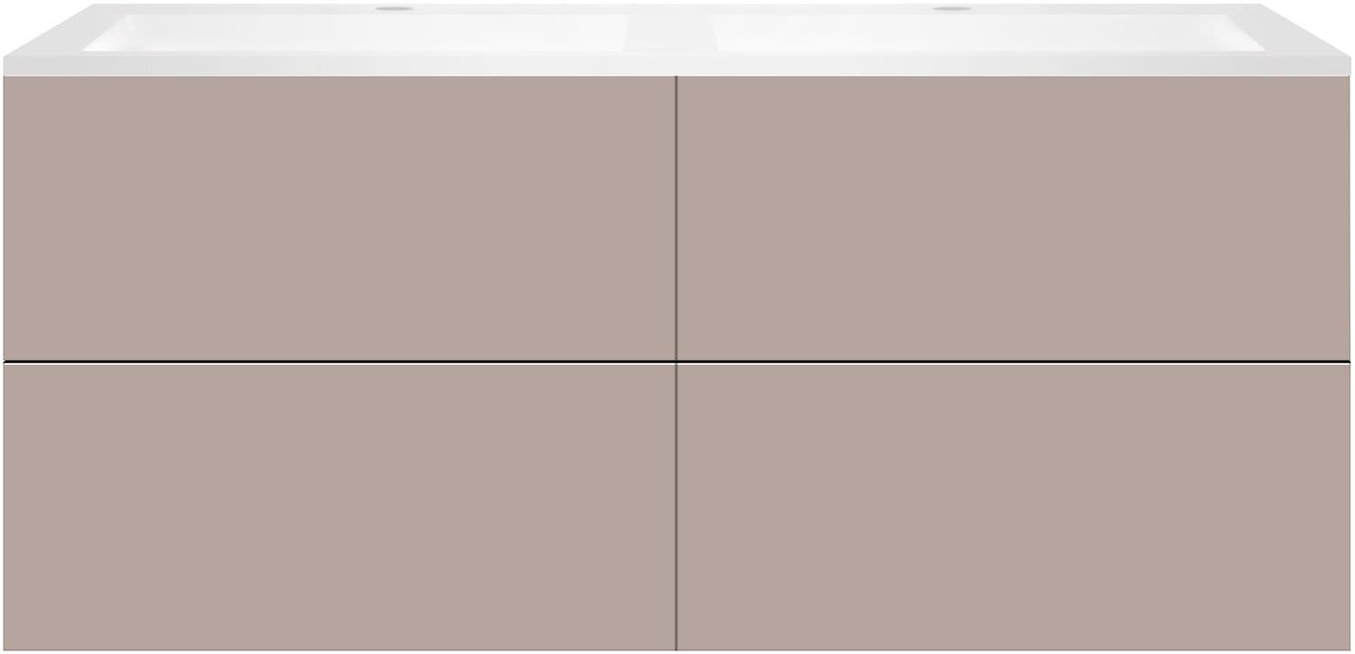 SOUS MEUBLE COFFEE 4 TIROIRS 140 DUO BASALTGRIJS +DOUBLE LAVABO EN MARBRE SYNTHETIQUE BLANC MAT