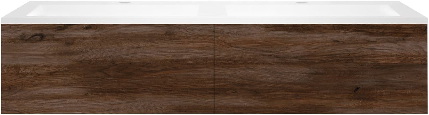 SOUS MEUBLE COFFEE 2 TIROIRS 140 DUO NOYER VELOURS +DOUBLE LAVABO EN MARBRE SYNTHETIQUE BLANC