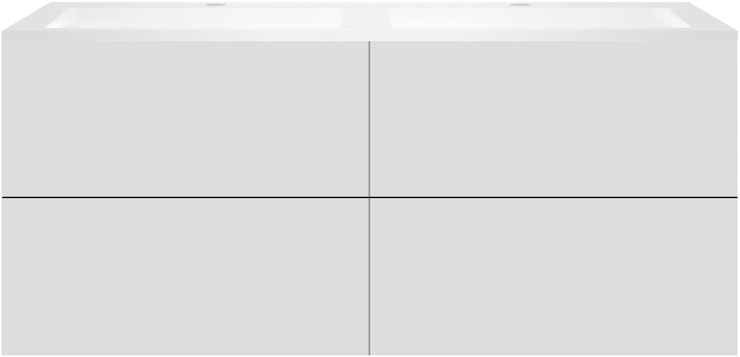 SOUS MEUBLE COFFEE 4 TIROIRS 140 DUO GRIS VELOURS MAT +DOUBLE LAVABO EN MARBRE SYNTHETIQUE BLANC