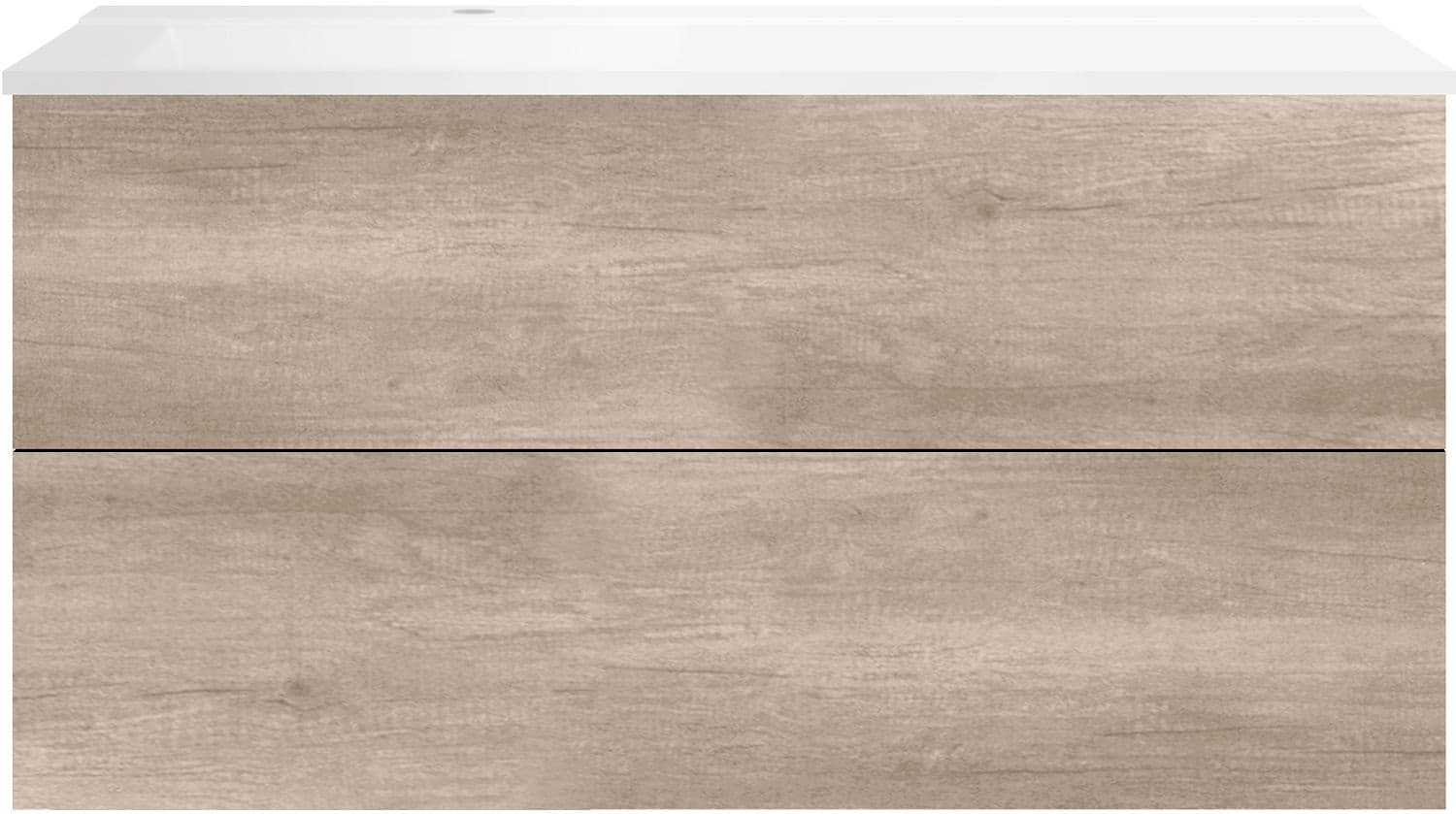 SOUS MEUBLE COFFEE 2 TIROIRS 120 CHENE DECOR FLANELLE+LAVABO GAUCHE BLANC MAT