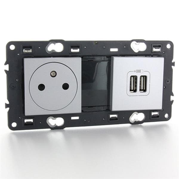 Valena prise 2 pôles + T + 2 x Usb affleurant appareil complet Alu à vis