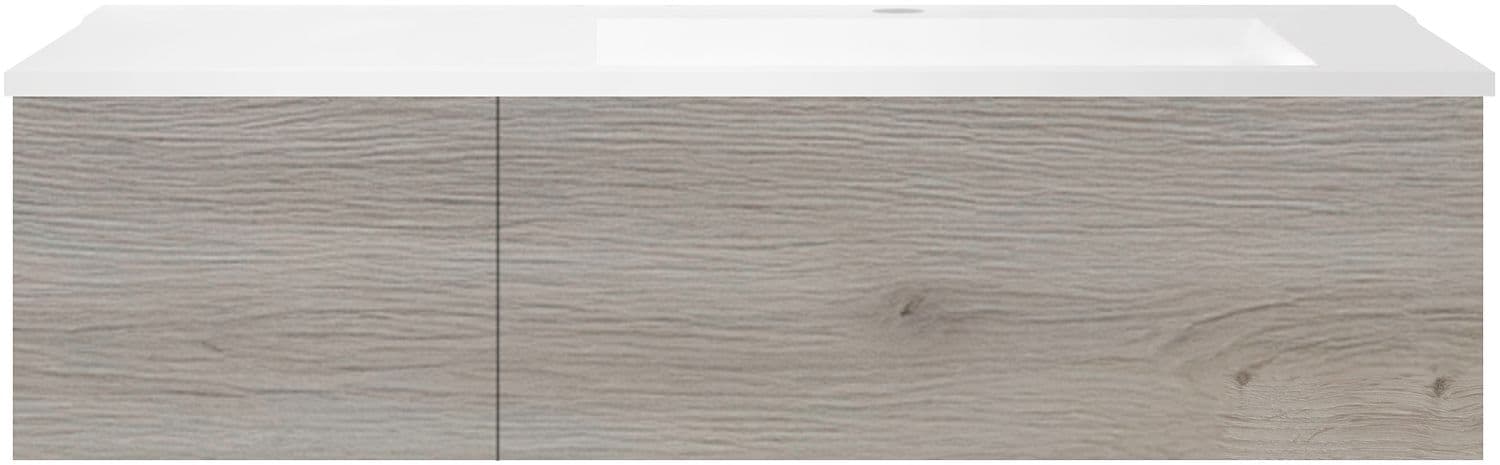 SOUS MEUBLE COFFEE 2 TIROIRS 120 CHENE ARGENT+LAVABO DROITE EN MARBRE SYNTHETIQUE BLANC