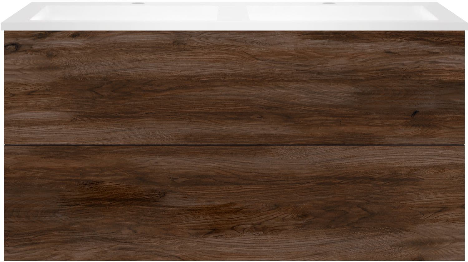 SOUS MEUBLE COFFEE 2 TIROIR 120 DUO NOYER VELOURS + LAVABO DOUBLE EN MARBRE SYNTHETIQUE BLANC MAT