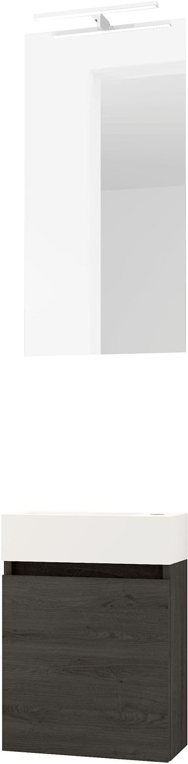 LAVE-MAINS FORM MINI PORCELAINE MAT WIT/ 1 PORT/MIROIR/LUMIERE LED CHENE GRAPHIT