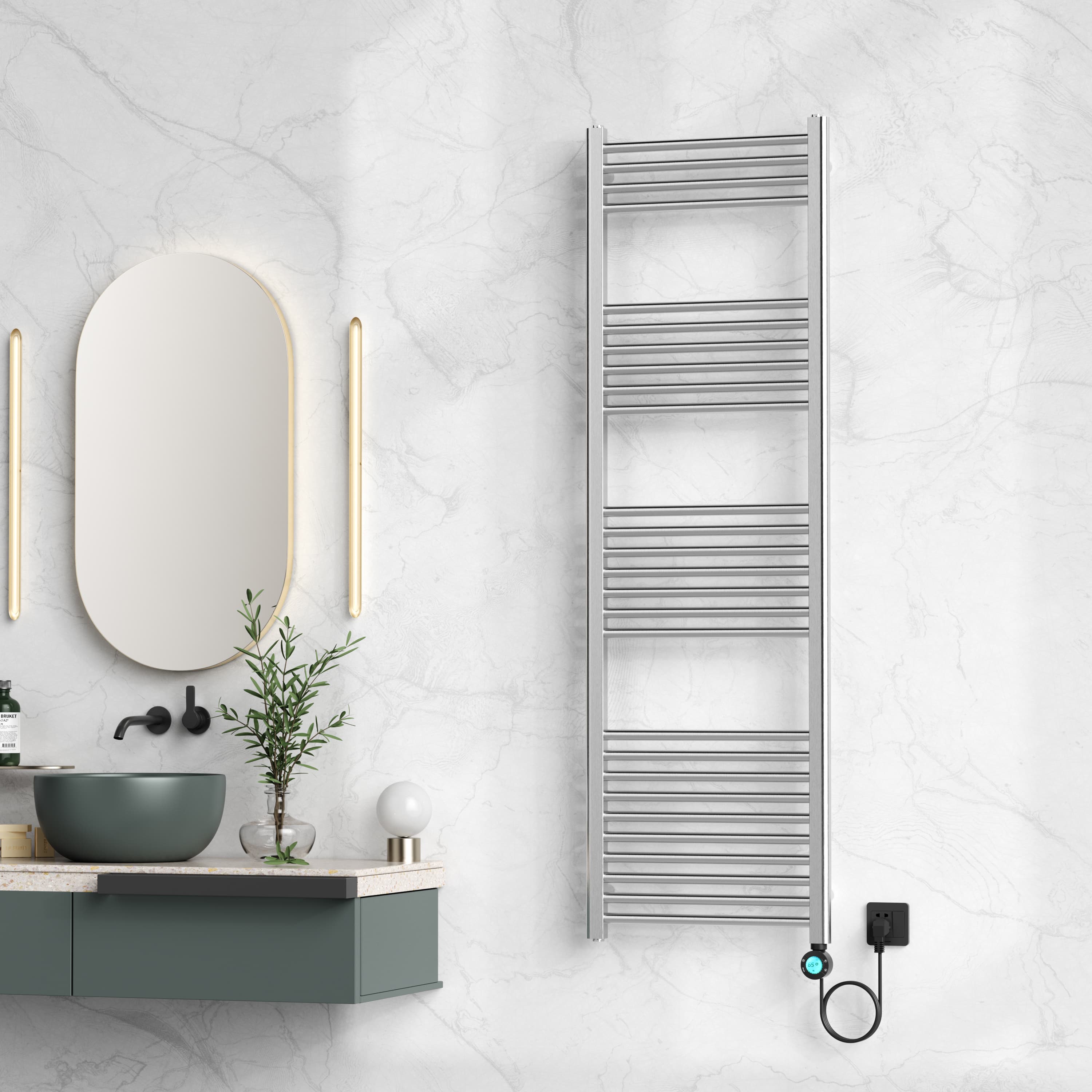 BELRAD SÈCHE-SERVIETTES ÉLECTRIQUE – AVEC THERMOSTAT NUMÉRIQUE PROGRAMMABLE – SMART WIFI - RACCORD À DROITE – 900W – 1600X500 MM – ACIER INOX BROSSÉ