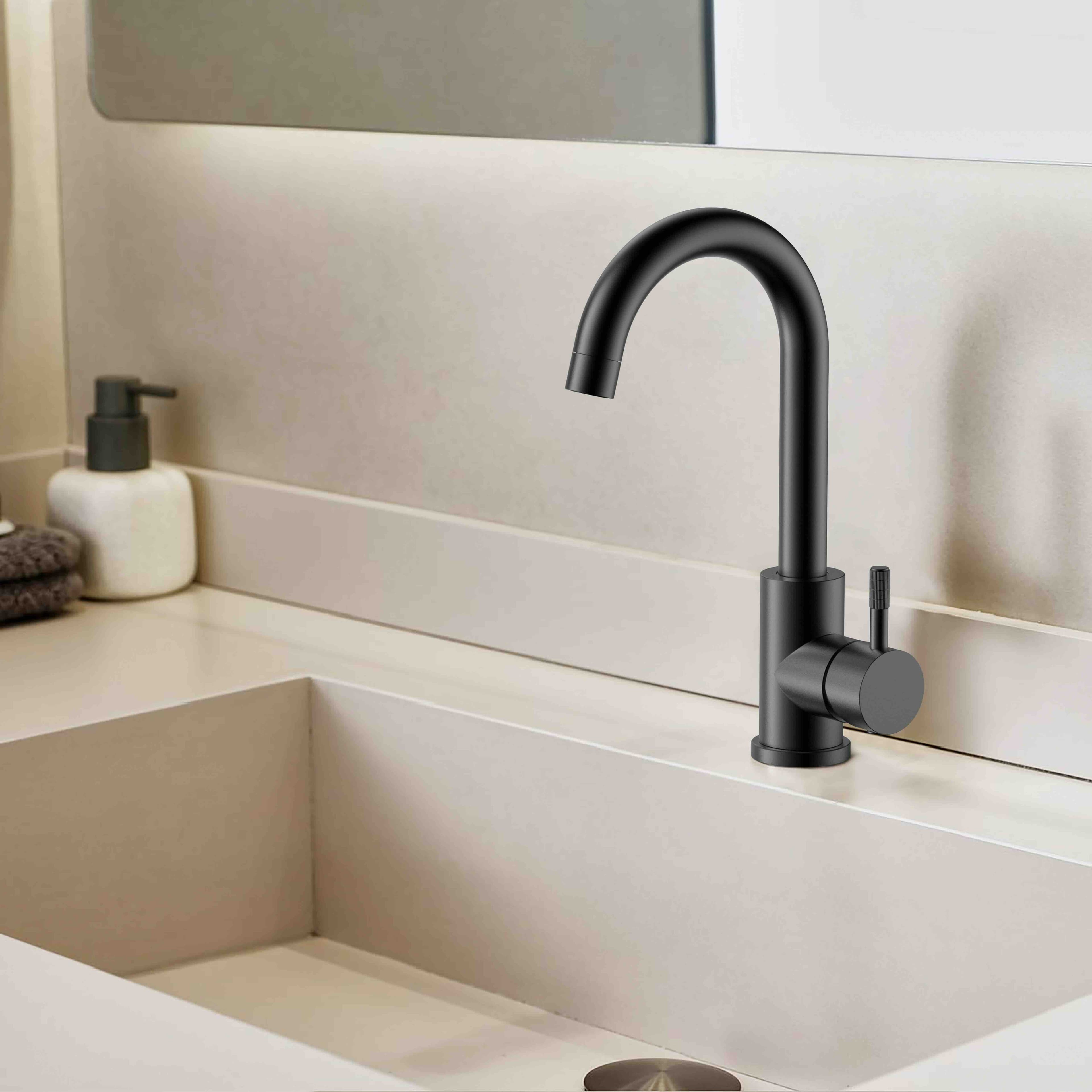 Stria mitigeur lavabo – bec courbé – mobile – démarrage à froid – Poignée avec structure striée raffinée – sans bonde – Noir mat (pvd)