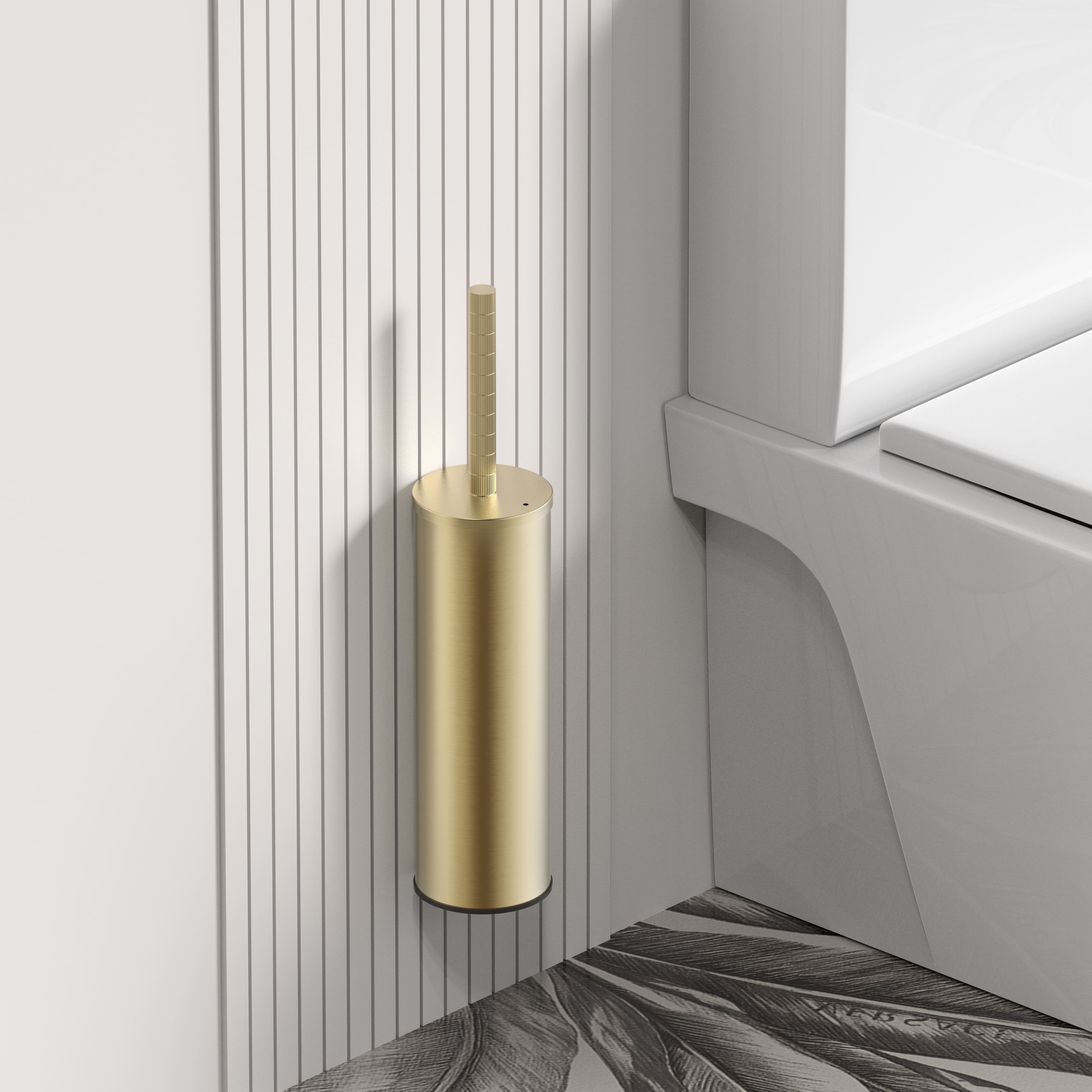 STRIA Toilet brush – holder – ribbed handle – suspended or floor‑mounted – plastic receptacle – brushed gold (PVD)