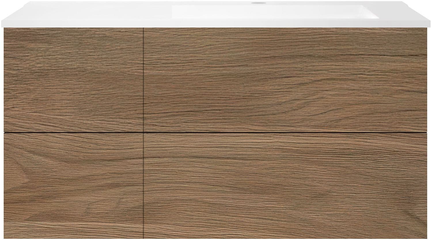 SOUS MEUBLE COFFEE 4 TIROIRS 120 CHENE CARAMELLE+LAVABO DROITE EN MARBRE SYNTHETIQUE BLANC MAT