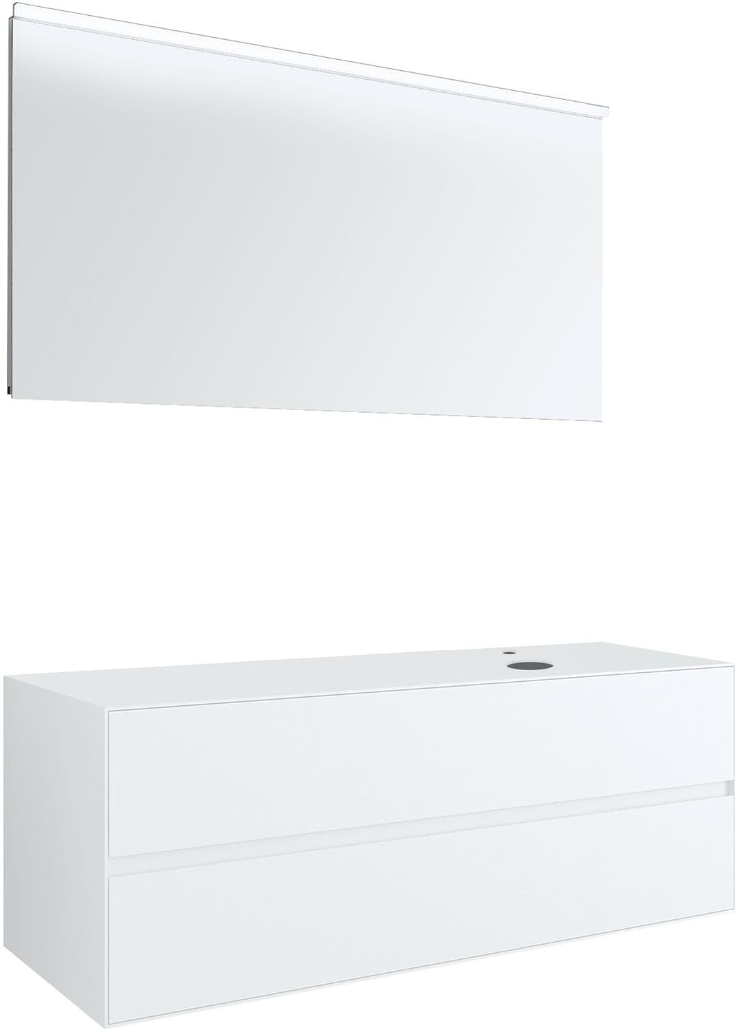 MEUBLE 2 TIROIRS+ TABLET POUR LAVABO A POSER DROITE TENSO 140CM +TROU ROBINET BLANC AVEC MIROIR