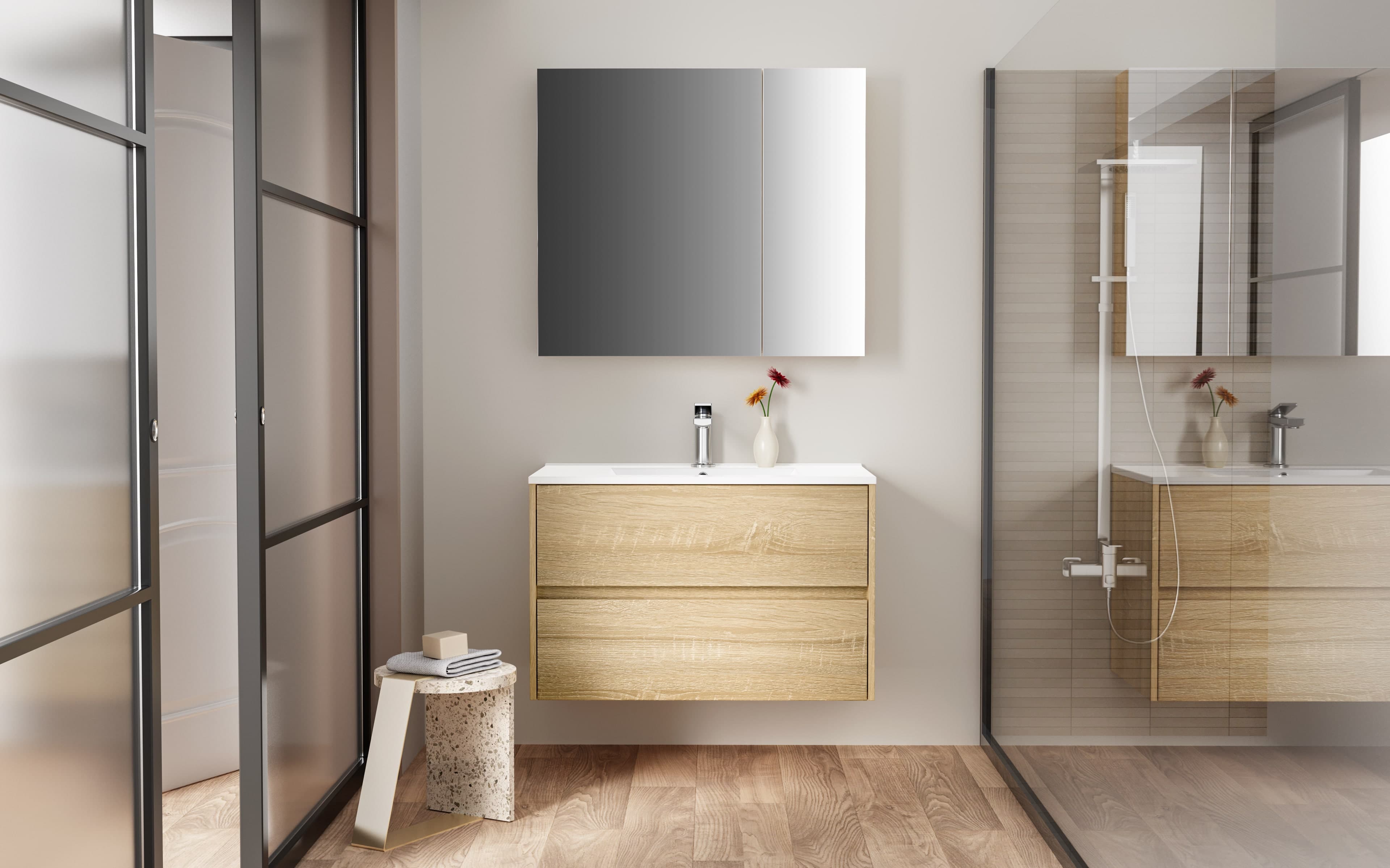 Hayat Armoire miroir - 2 portes miroirs asymétriques, à un seul côté - 4 étagères réglables en hauteur - 80X70X15 cm - chêne
