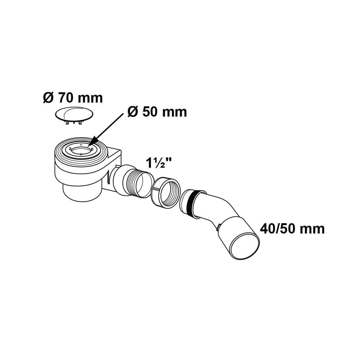 98811318 PP Ecoulement de douche et de baignoire 50 mm, chromé, 1 1/2" x 40/50 mm, avec couverture, 70 mm