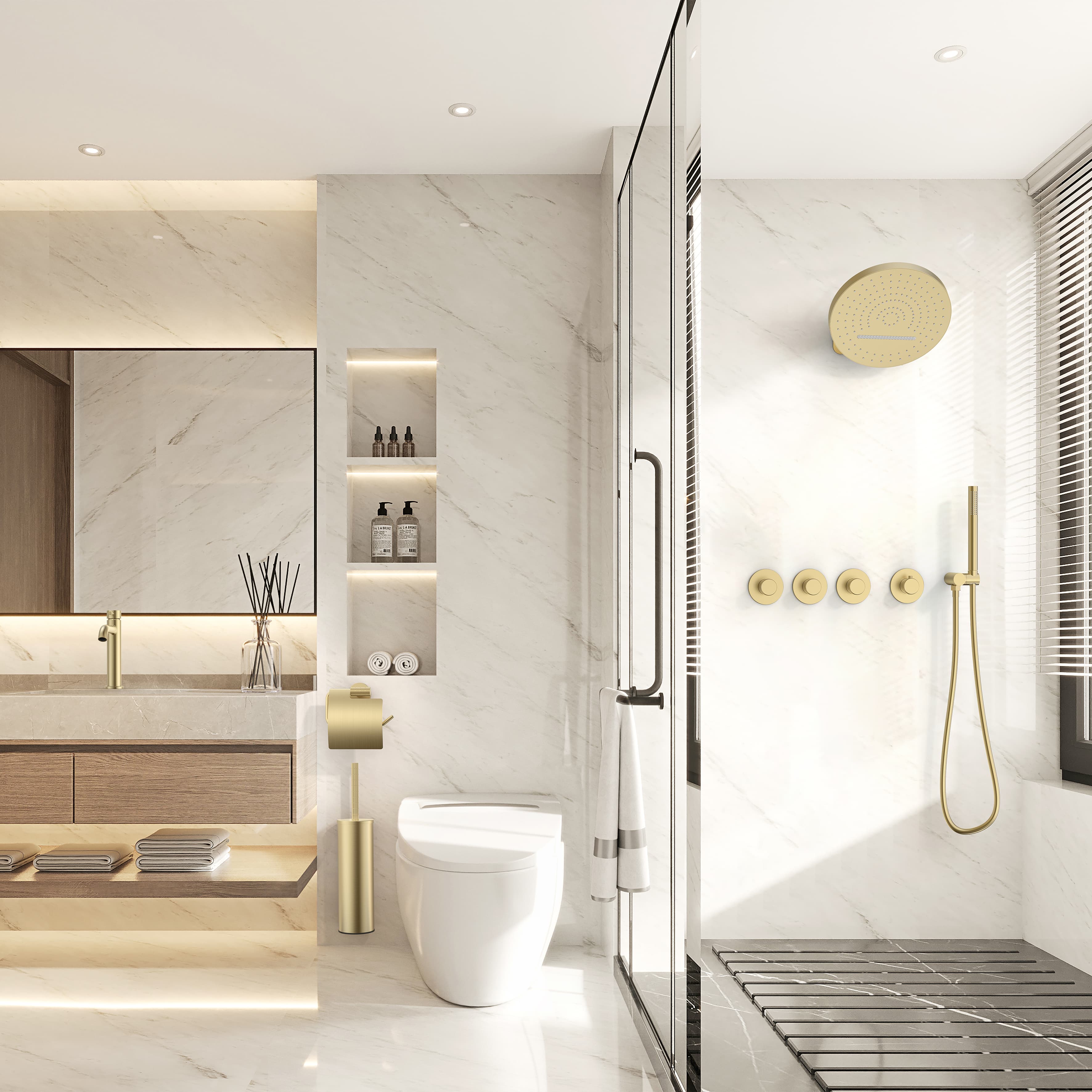 Stria élément de finition pour Mitigeur de douche – 3 voies avec 3 robinets d’arrêt – thermostatique – encastré – ronde – boutons S avec structure striée raffinée – or brossé (PVD)