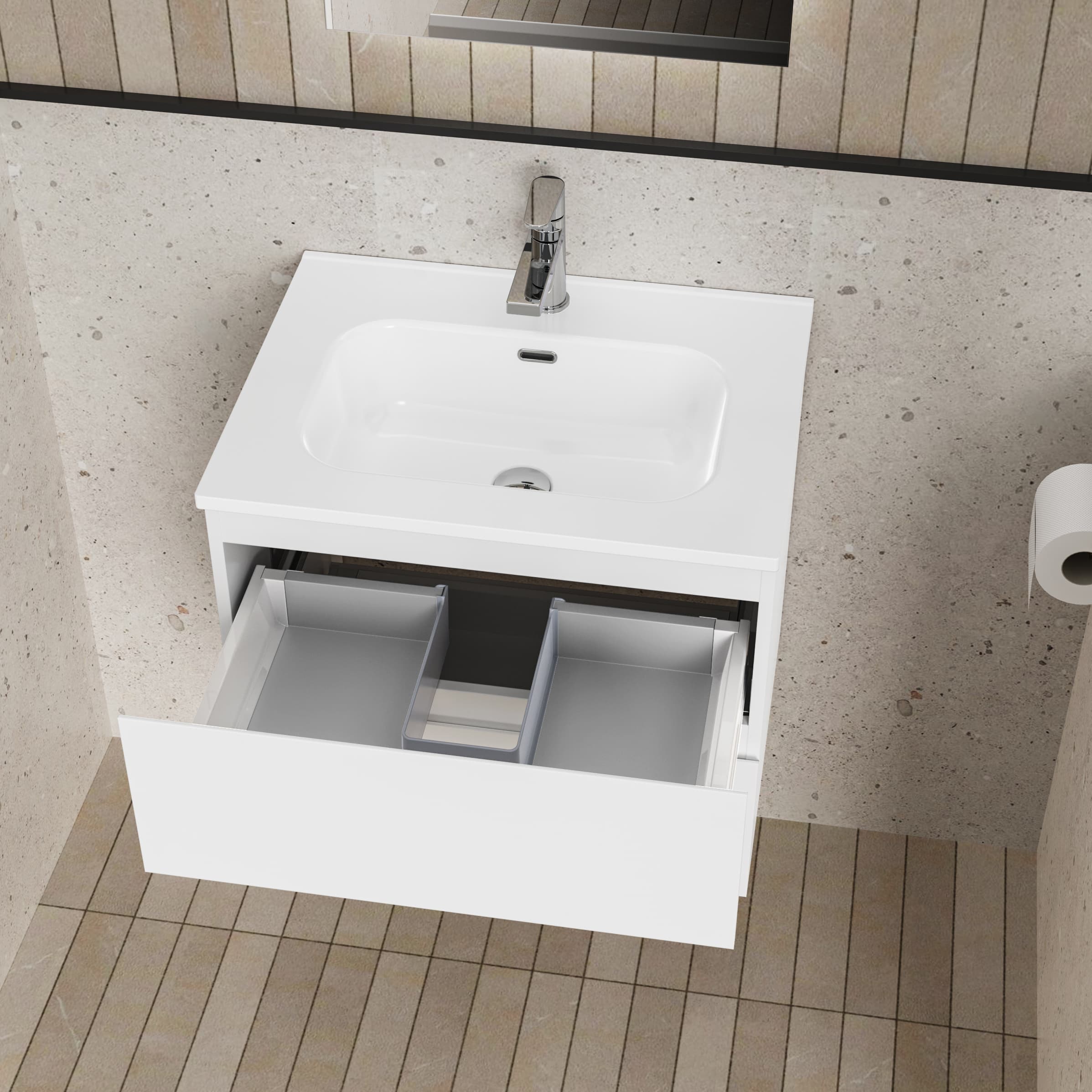 ALONI liva ensemble de Meuble de salle de bain complet – avec Meuble sous-vasque – avec Vasque – avec miroir Led – 60 cm – blanc brillant