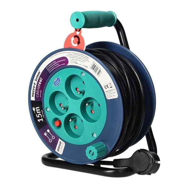 Cable reel, Turquoise. power supply: 4 x 250Vac; maximum load: 2500W; 15m cable, Turquoise
