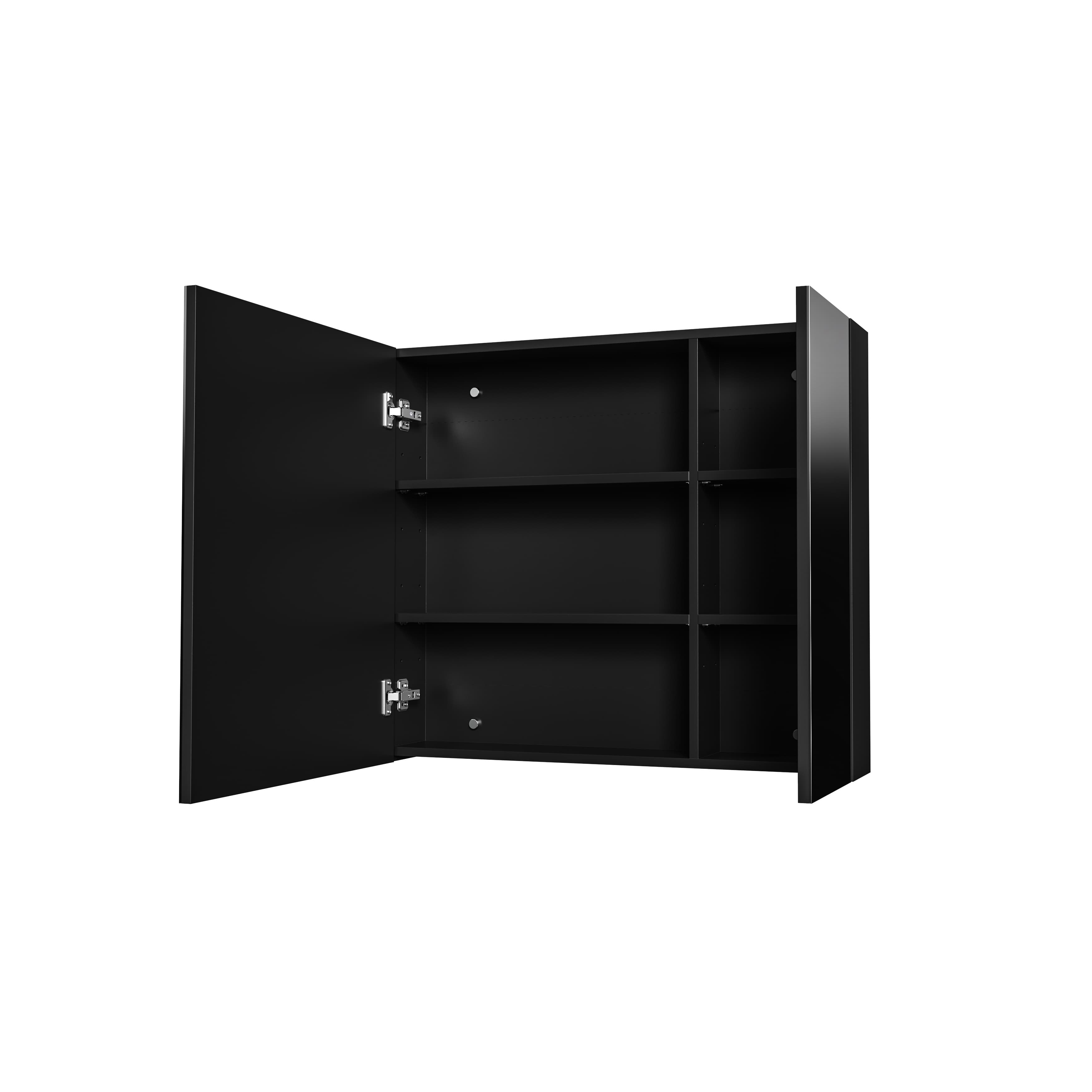Hayat Armoire miroir - 2 portes miroirs asymétriques, à un seul côté - 4 étagères réglables en hauteur - 80X70X15 cm - Noir mat