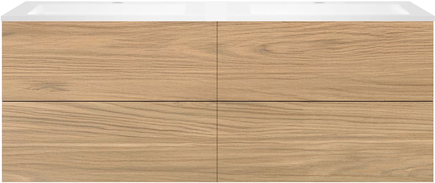 SOUS MEUBLE COFFEE 4 TIROIRS 160 DUO CHENE CLASSIQUE +DOUBLE LAVABO EN MARBRE SYNTHETIQUE BLANC MAT