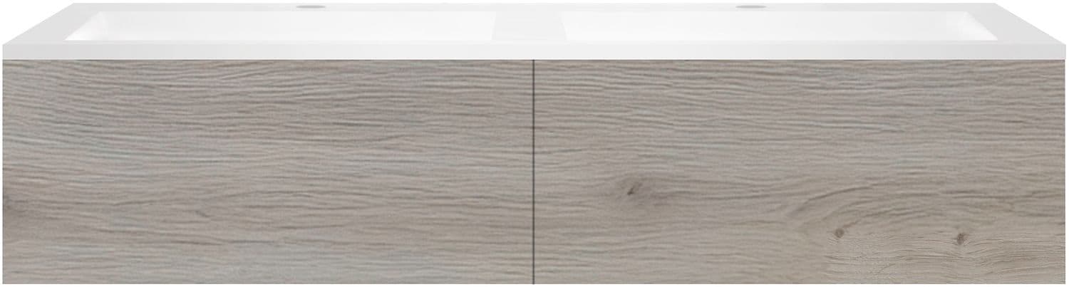 SOUS MEUBLE COFFEE 2 TIROIRS 140 CHENE ARGENT +DOUBLE LAVABO EN MARBRE SYNTHETIQUE BLANC