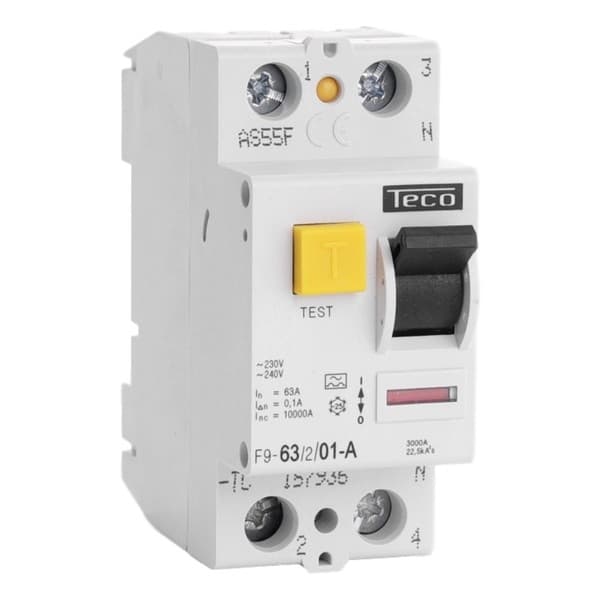 Interrupteur différentiel 2 pôles 63A 100mA type A pouvoir de coupure 10kA