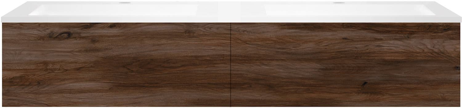 SOUS MEUBLE COFFEE 2 TIROIRS 160 DUO NOYER VELOURS +DOUBLE LAVABO EN MARBRE SYNTHETIQUE BLANC MAT