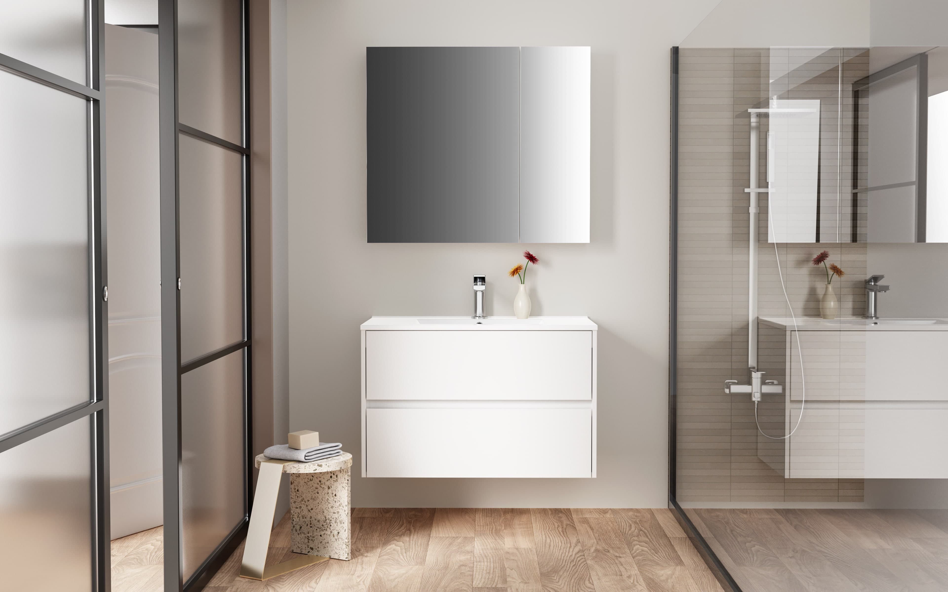 Hayat Armoire miroir - 2 portes miroirs asymétriques, à un seul côté - 4 étagères réglables en hauteur - 80X70X15 cm - blanc brillant
