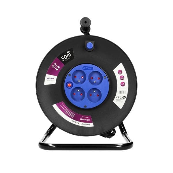 Enrouleur de câble avec 4 prises, 50m PVC, H05VV-F 3 x 1.5mm² - 50m, avec un support en métal