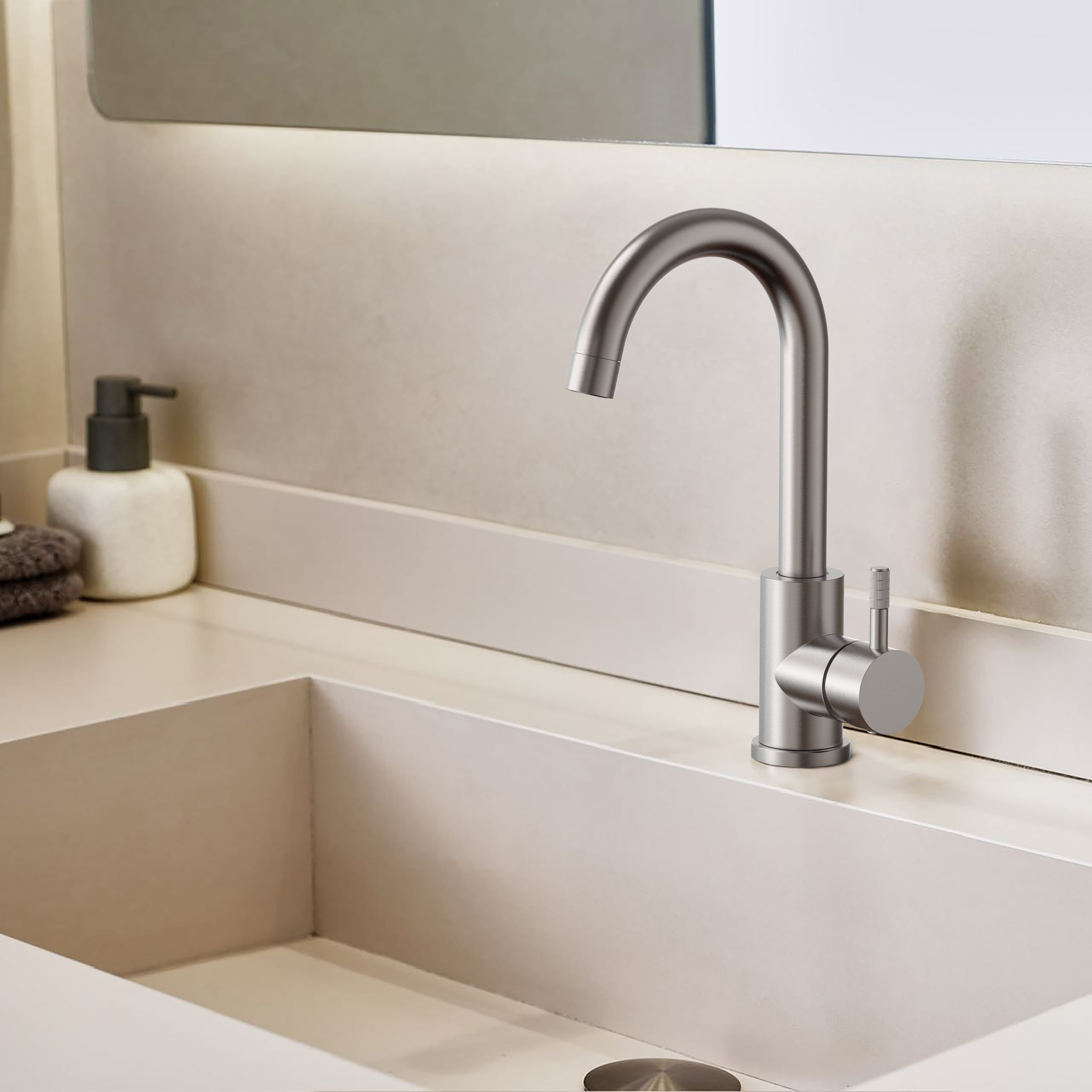 Stria mitigeur lavabo – bec courbé – mobile – démarrage à froid – Poignée avec structure striée raffinée – sans bonde – acier inox brossé