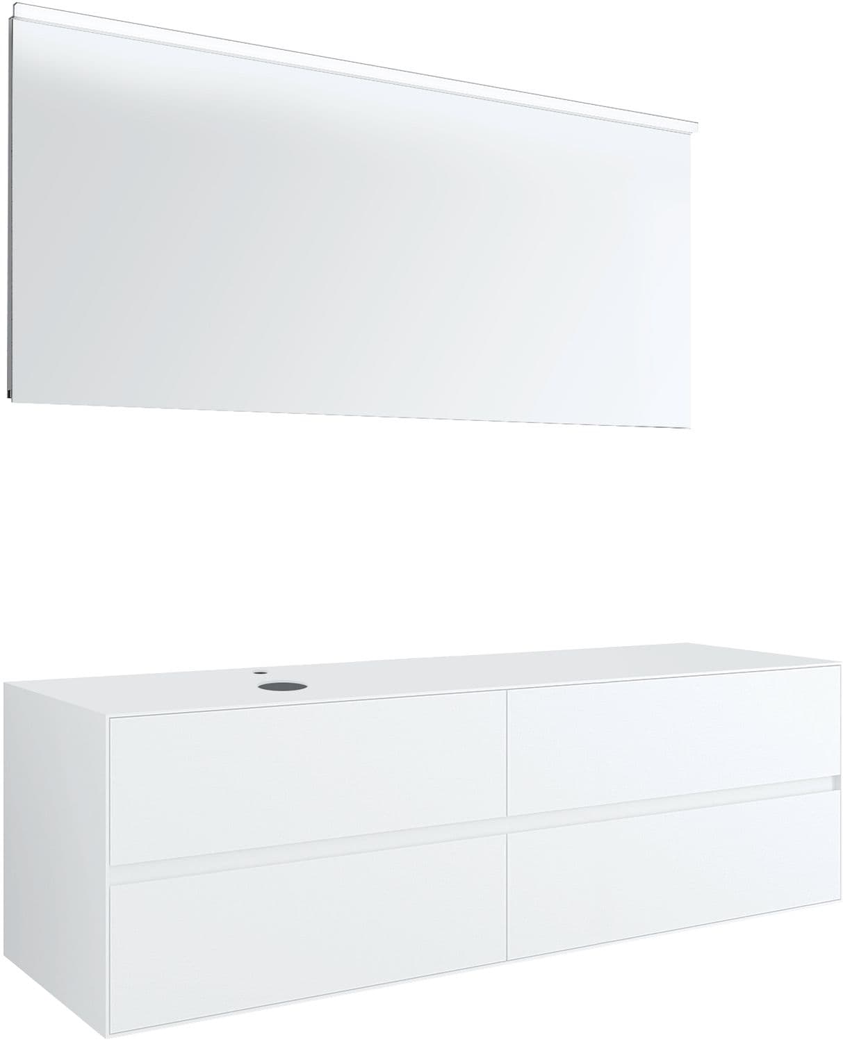 MEUBLE 4 TIROIRS+ TABLET POUR LAVABO A POSER GAUCHE TENSO 160CM +TROU ROBINET BLANC AVEC MIROIR
