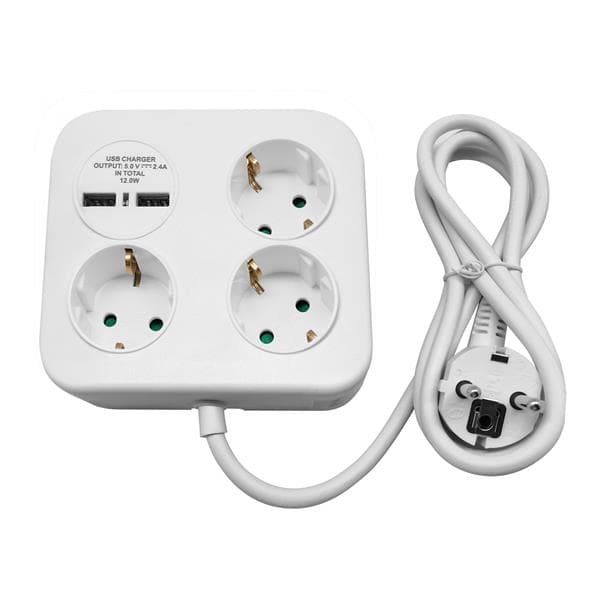 Multiprise carrée 3 x 2 pôles + T (Schuko) avec chargeur USB, 2 x USB-A, câble 3 x 1.5mm², 1,4m