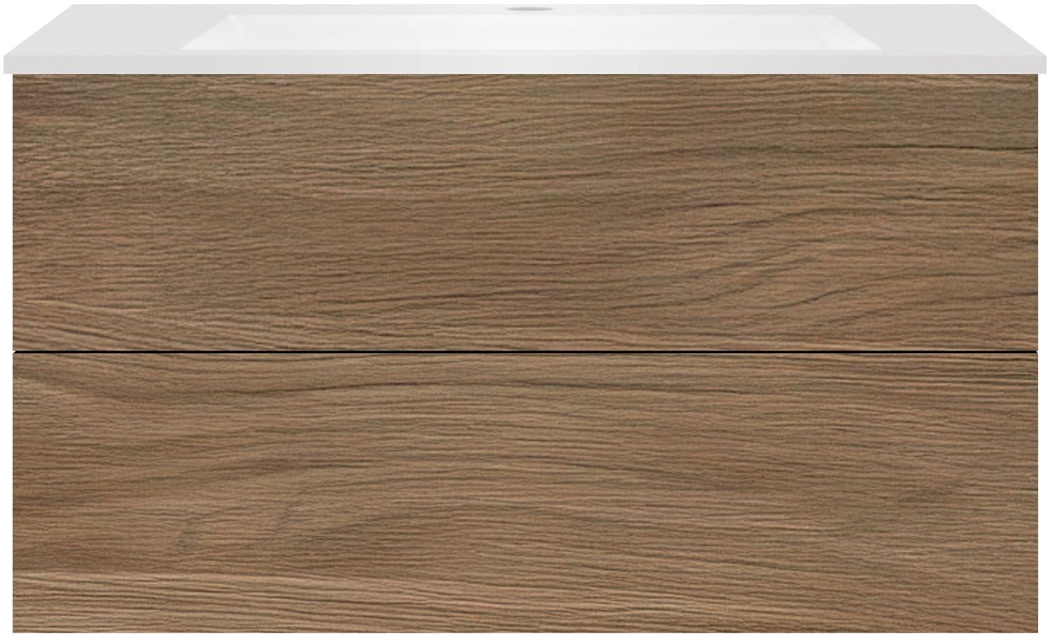 SOUS MEUBLE COFFEE 2 TIROIRS 100 CHENE CARAMELLE+LAVABO EN MARBRE SYNTHETIQUE BLANC MAT