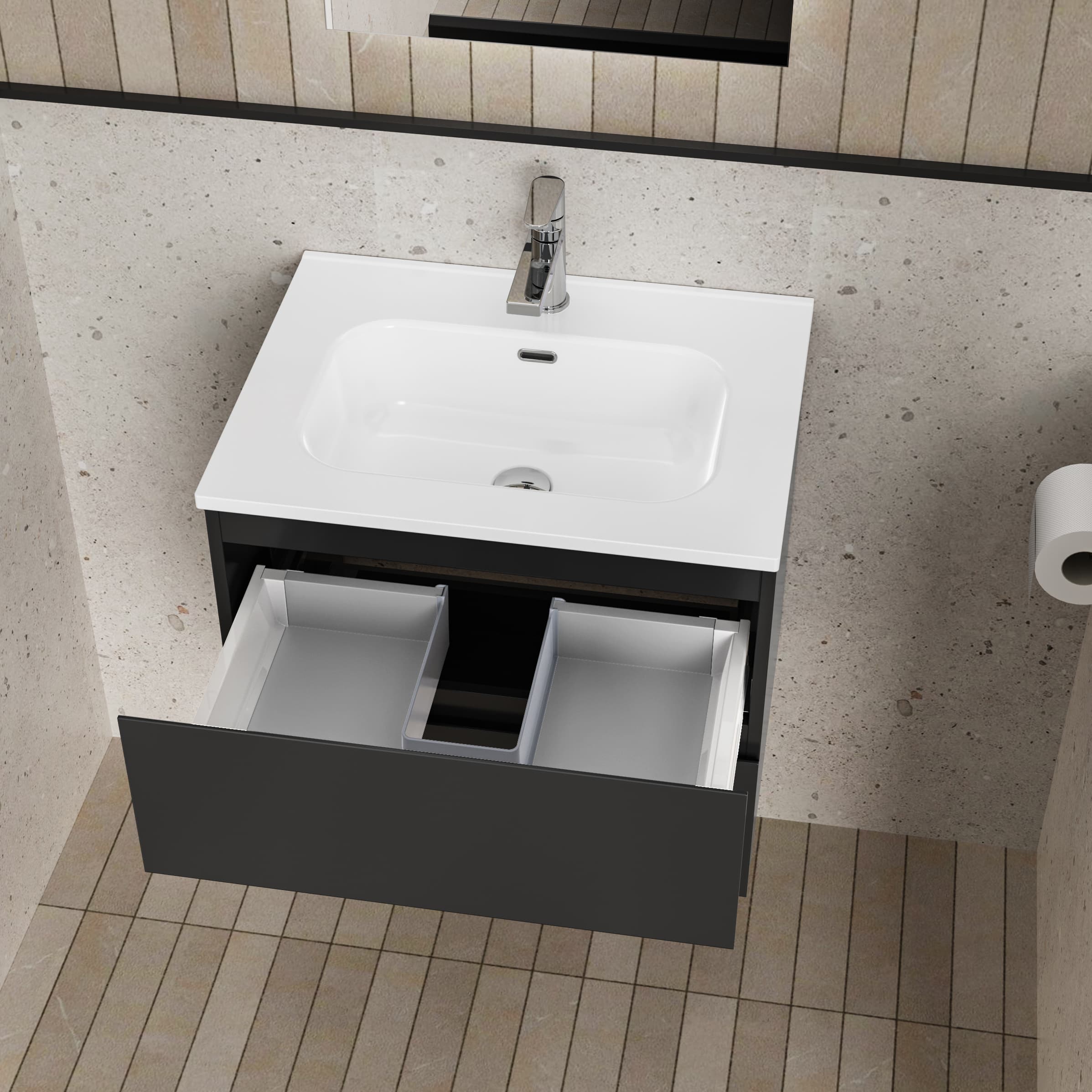 ALONI liva ensemble de meuble de salle de bain complet – avec meuble sous-vasque – avec vasque – avec miroir Led – 60 cm – Noir mat