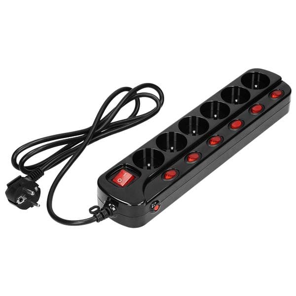Bloc multiprise Noir avec interrupteurs marche/arrêt indépendants pour 6 prises, câble 3 x 1mm² 1.5m