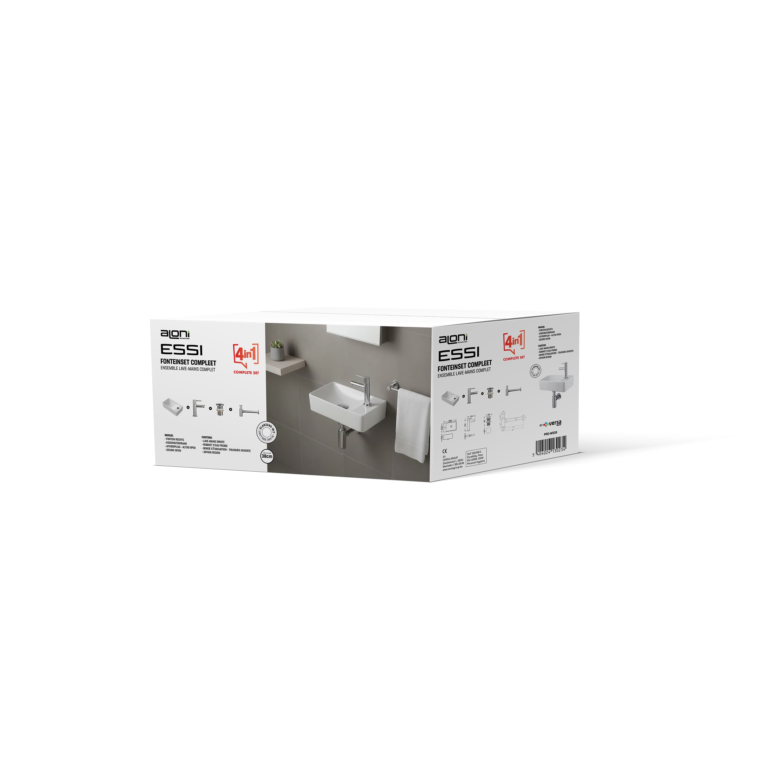 Ensemble Lave-mains ALONI essi complet – avec Lave-mains droite, robinet, bonde de vidange et siphon – blanc brillant - chrome