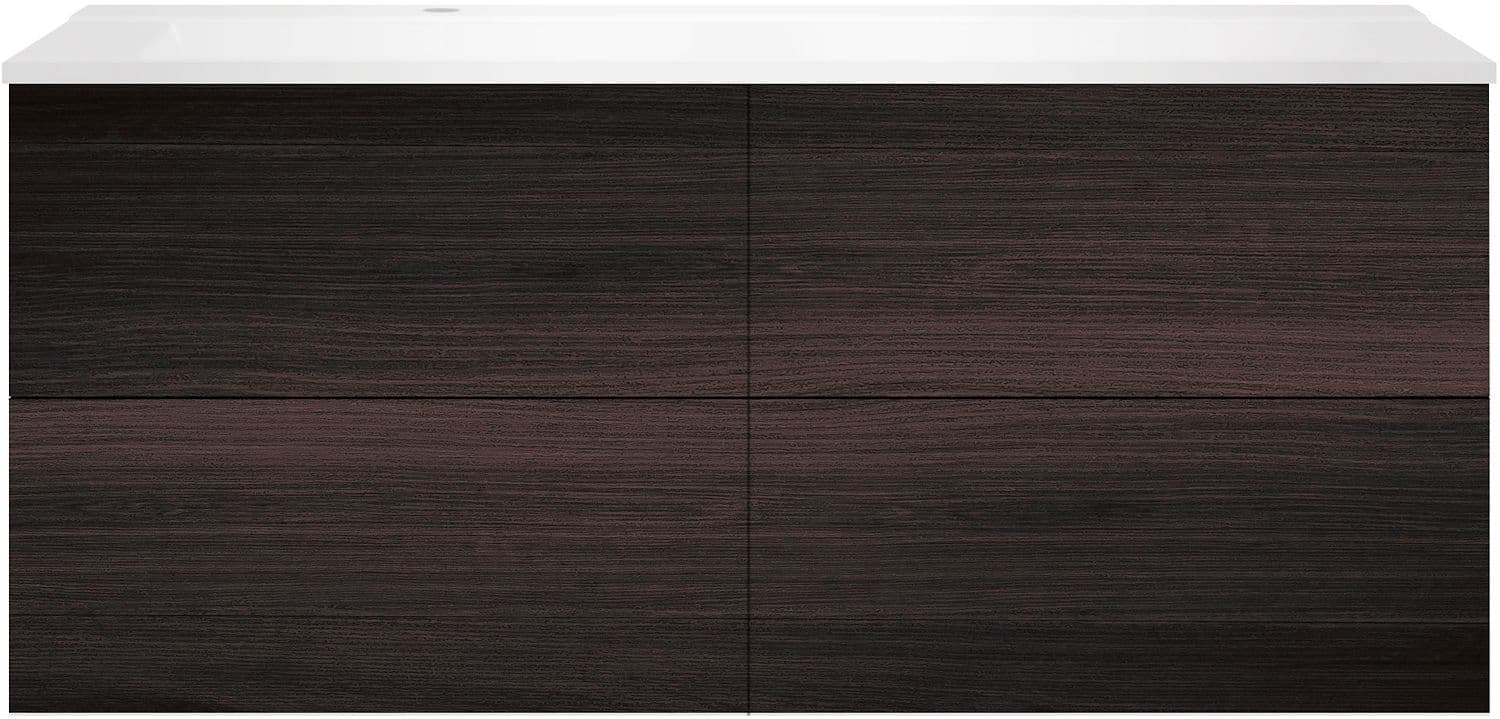 SOUS MEUBLE COFFEE 4 TIROIRS 140 CHENE DECOR MOKKA+LAVABO GAUCHE BLANC MAT