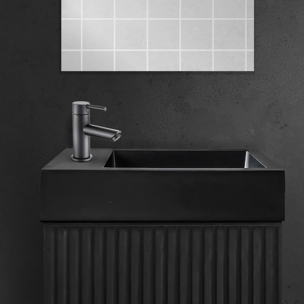 ALONI lave-mains - sans trop-plein - trou robinet à gauche ou à droite - marbre composite - 40X10,5X22,5CM - Noir mat